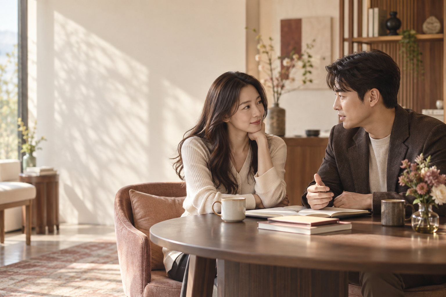 차분한 공간에서 결혼 계획을 대화하는 한국인 커플