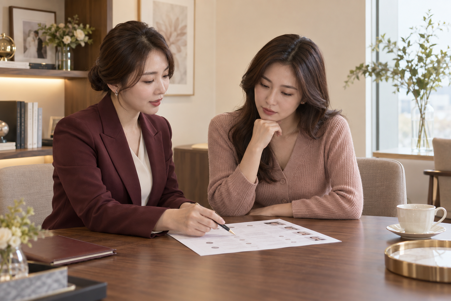 결혼정보 서비스 비교 자료를 함께 검토하는 상담 장면